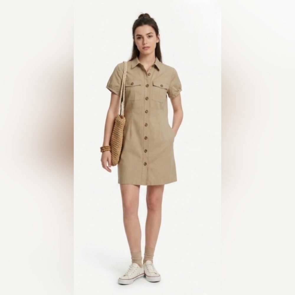 Denver Hayes Vintage Tan Button Up Shirt Dress Safari Utility | size L